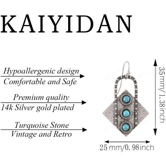 Turquoise Square Geometric Shaped Vintage Long Summer Earring for Women Jewelry - Picture 4 of 8